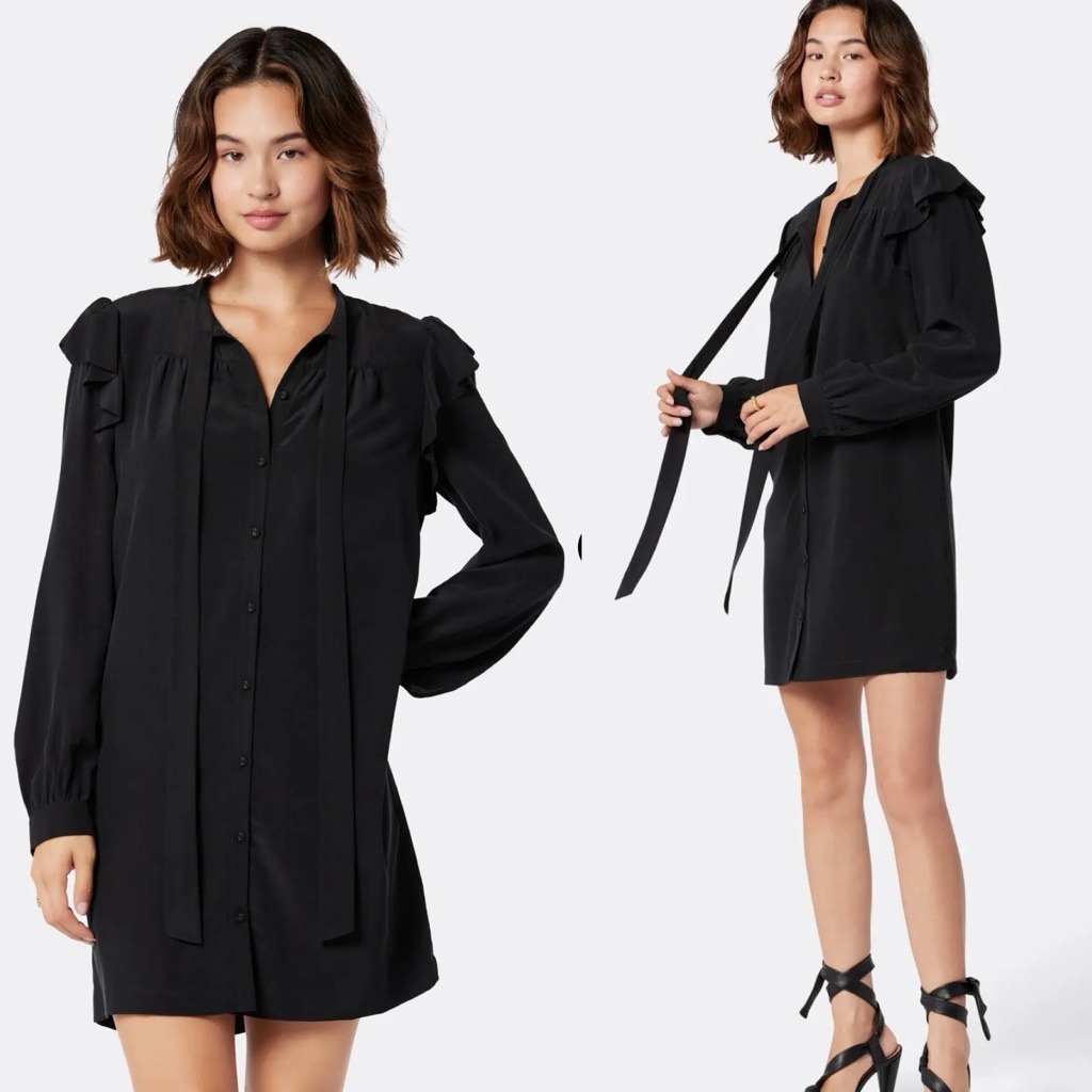 Nwt Joie Silk Eloise Mini Dress In Caviar Black Ruffle Long Sleeve Size M